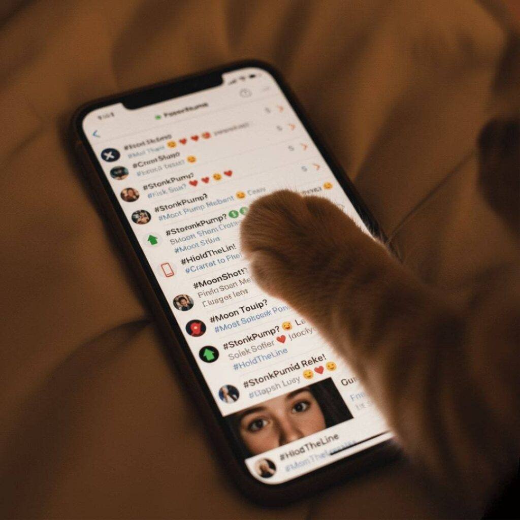A cat's paw on a phone screen displaying a chaotic social media stock thread.