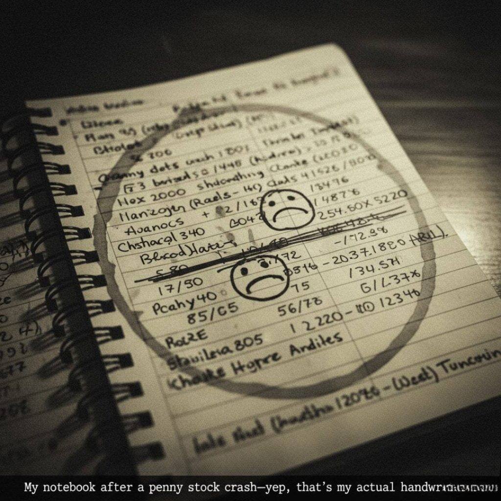 A gritty, documentary-style close-up of a coffee-stained notebook filled with handwritten stock prices and a sad face doodle, conveying a raw, messy feel after a penny stock crash.