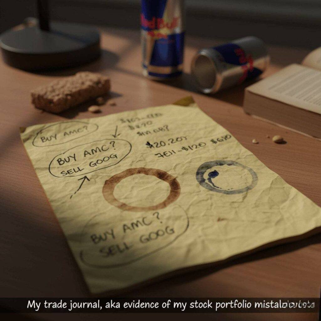 A crumpled notebook page with handwritten trade notes and coffee cup rings on a wooden desk.