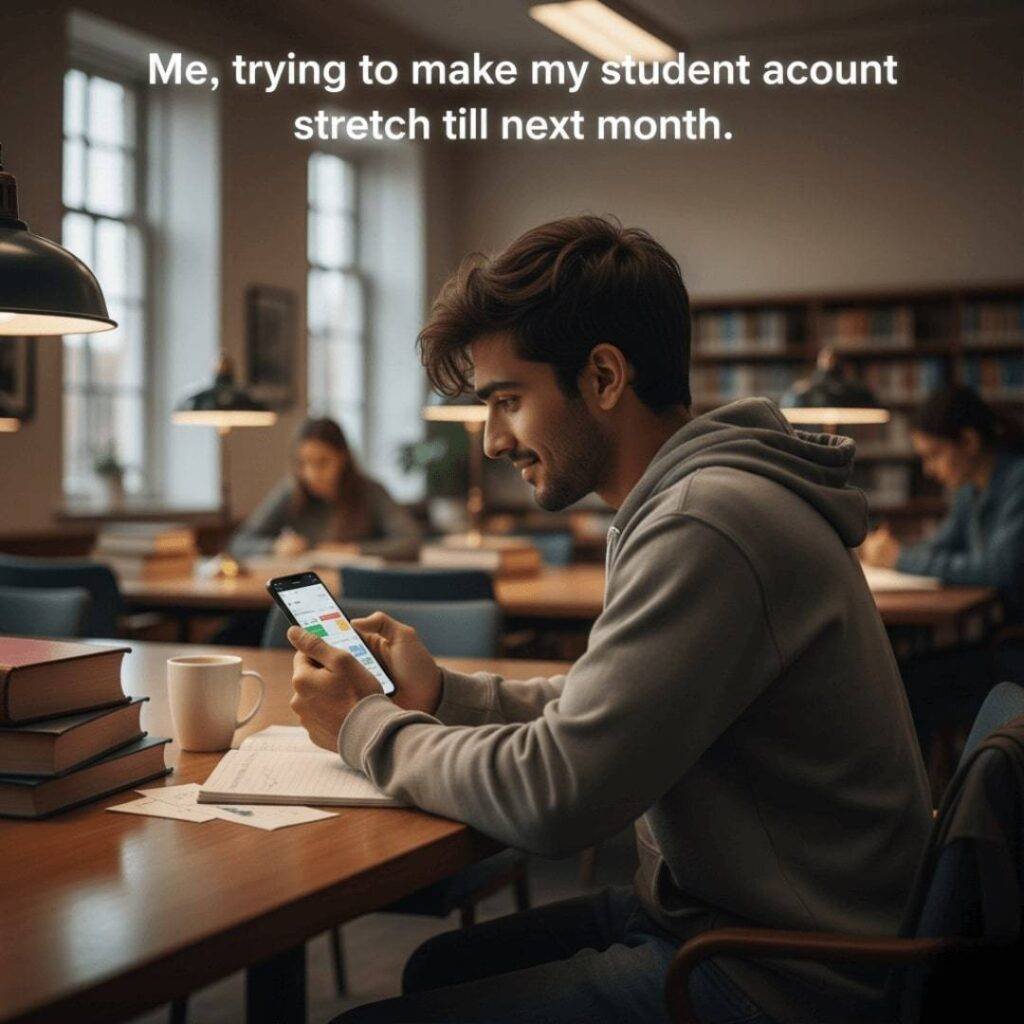 Student in library looking stressed and hopeful at budgeting app.