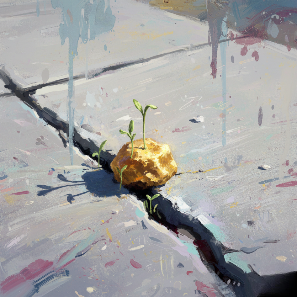 An impressionistic digital painting of a gold nugget with green shoots growing in a cracked sidewalk.