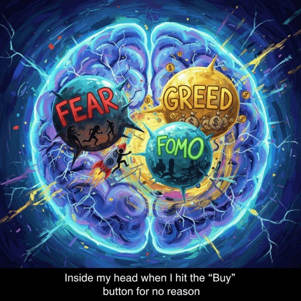 A surreal digital painting of a brain with thought bubbles labeled "Fear," "Greed," and "FOMO" battling each other.