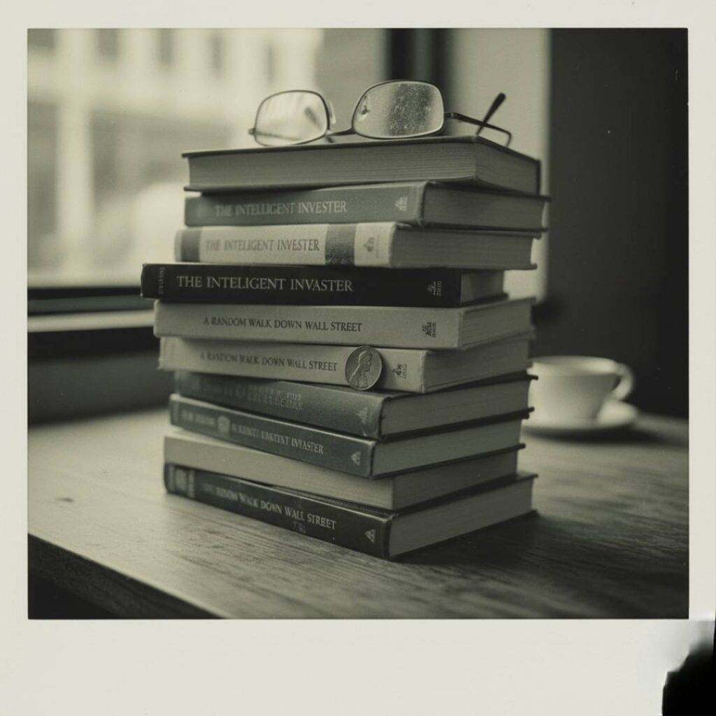 Stack of financial books, smudged glasses, stray penny, coffee cup.
