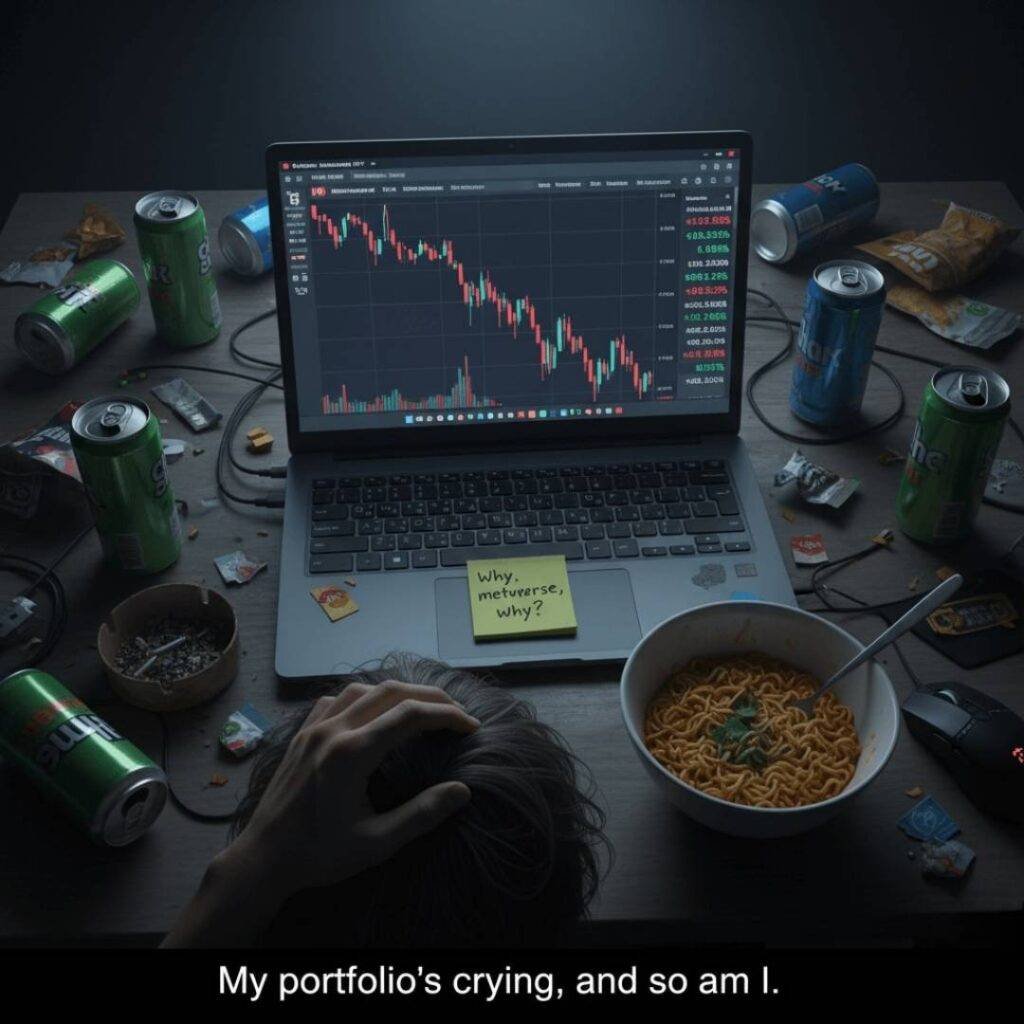 A chaotic desk with a laptop showing a plummeting ETF chart, surrounded by empty energy drink cans, ramen, and a sticky note reading "Why, metaverse, why?" A person holds their head in their hands.