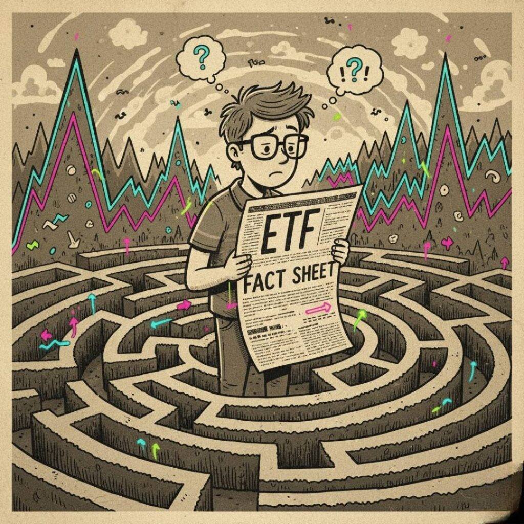 Quirky illustration of a person in a stock chart maze, holding an "ETF Fact Sheet," with sepia and neon accents.