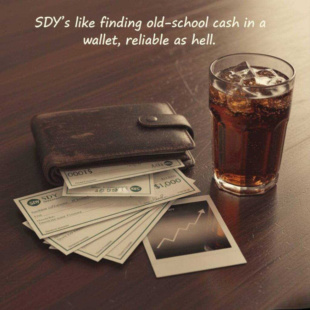 A vintage-style image of a leather wallet with dividend checks, a glass of cola, and a Polaroid of a stock chart.