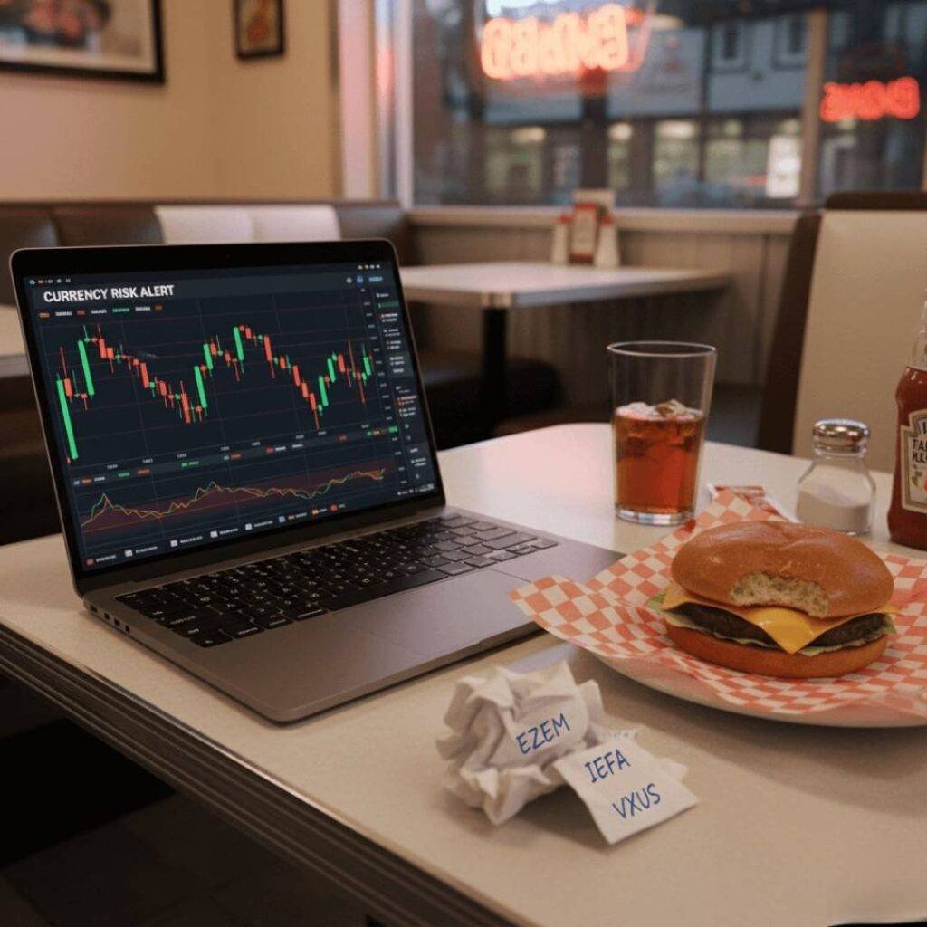 Diner scene: Laptop with stock chart, half-eaten burger, and napkin with ETF ticker symbols.