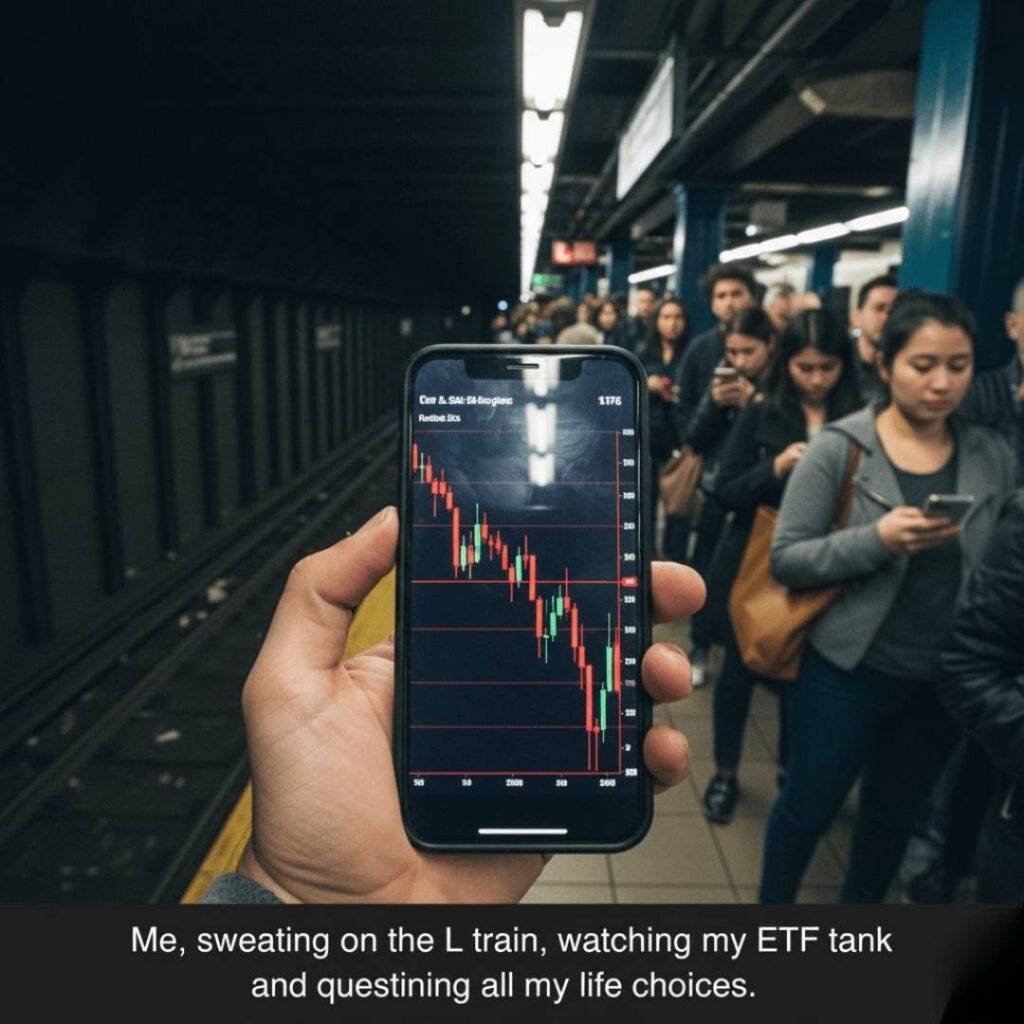 A first-person view of a phone displaying a red, tanking ETF chart, held over a crowded NYC subway platform at dusk.