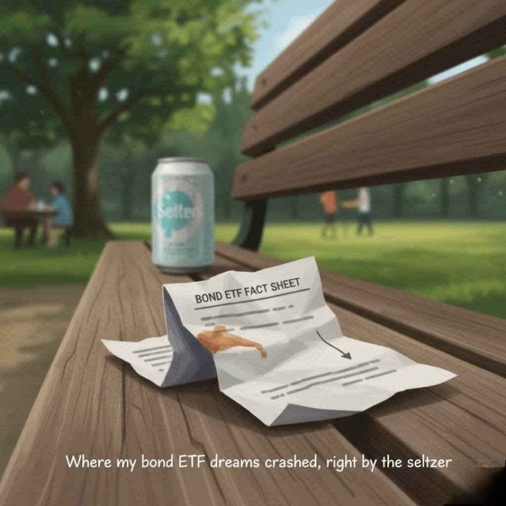 Blurry illustration of a crumpled bond ETF fact sheet with a stain on a park bench, with a seltzer can in the background. The caption reads: "Where my bond ETF dreams crashed, right by the seltzer."
