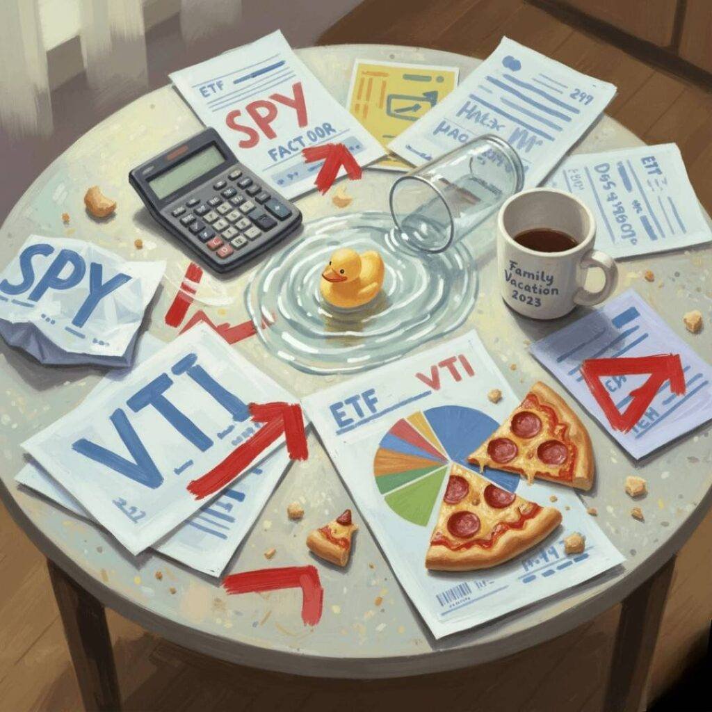 Bird's-eye view of a messy kitchen table with ETF fact sheets, a calculator, a coffee mug, and a rubber duck in spilled water.