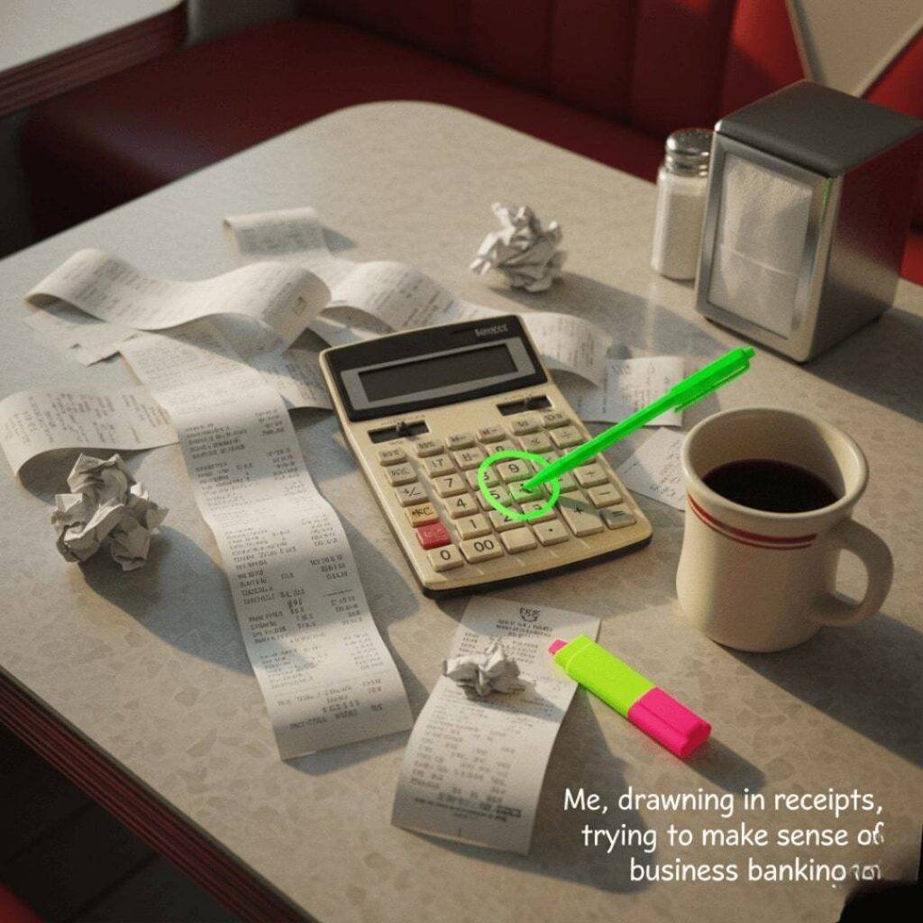 Top-down view of a diner table with crumpled receipts, a calculator, and a neon pen.