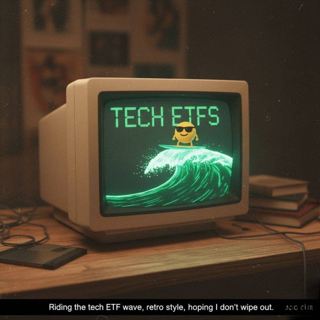 A retro computer monitor displaying "TECH ETFs" with a surfing emoji on a neon green wave.