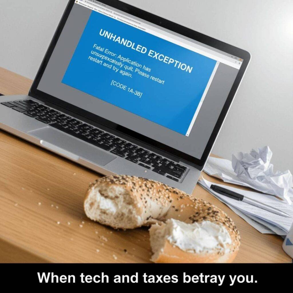 A laptop displaying a software crash screen, with a half-eaten bagel in the foreground.
