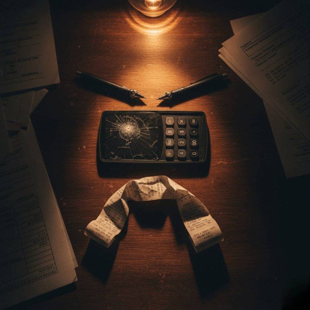 A flat-lay image under dim lighting shows a chewed pen, a calculator with a cracked screen, and a crumpled receipt arranged to form a frowny face on a wooden desk.