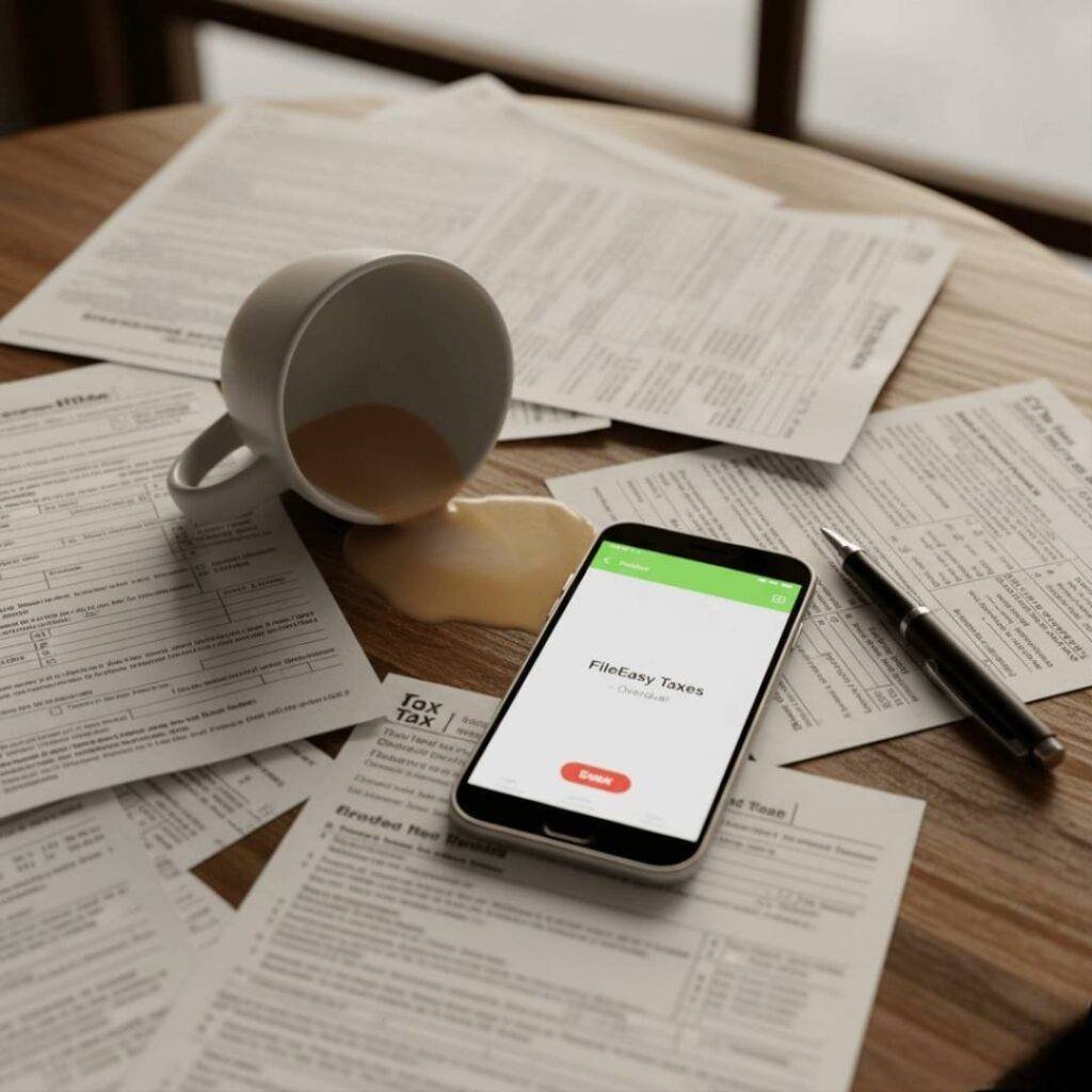 Coffee shop table with scattered tax forms, a spilled latte, a chewed pen, and a phone displaying a tax app.
