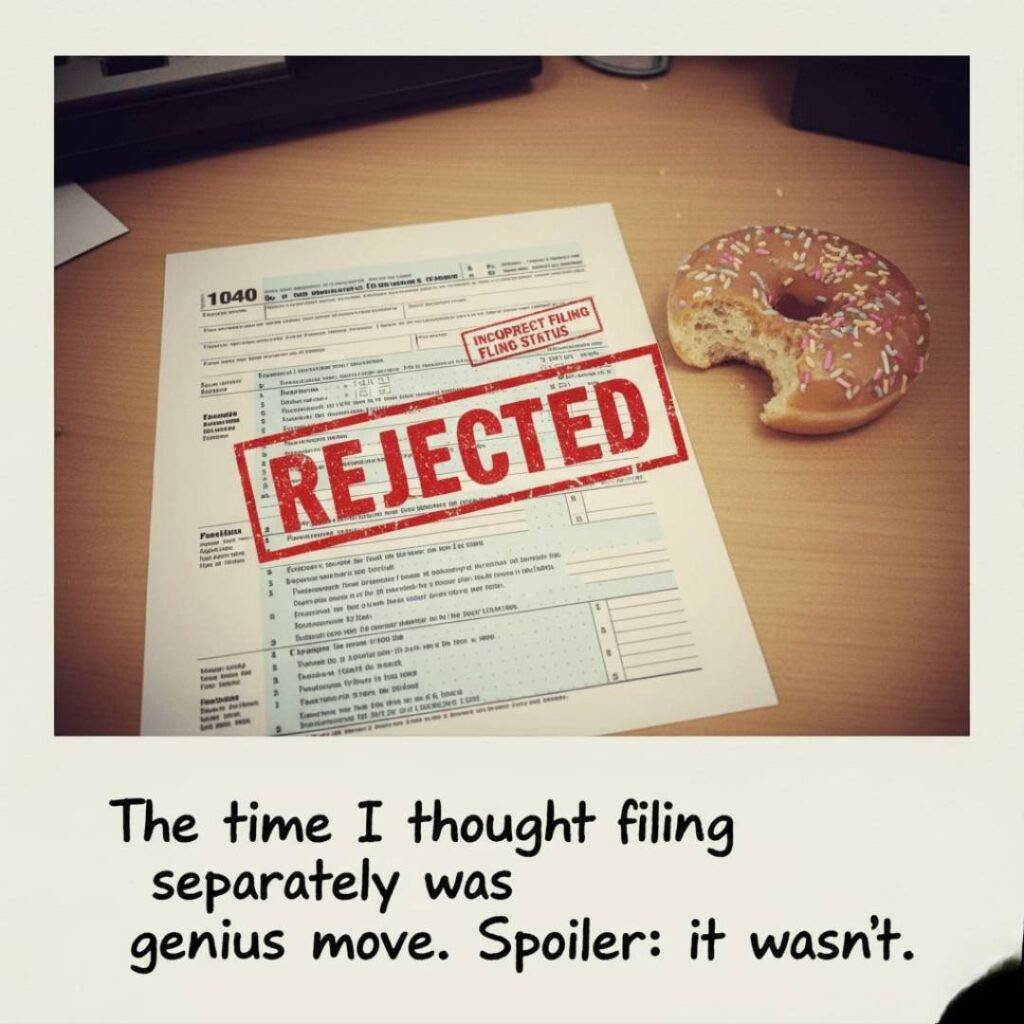 A rejected tax form with a red "REJECTED" stamp, next to a half-eaten donut, in a vintage Polaroid style.