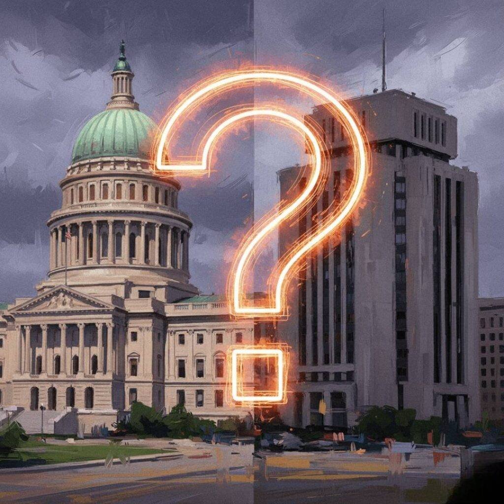An impressionistic digital painting of a state capitol dome and the IRS building, with a glowing neon orange question mark above them.
