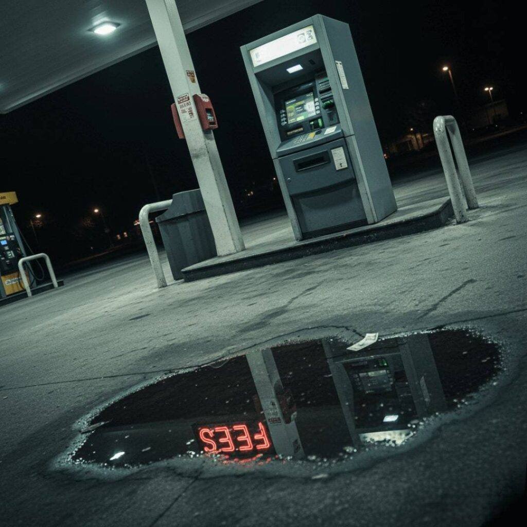 A low-angle, tilted photo of a gas station ATM at night, with a puddle reflecting a neon "FEES" sign.