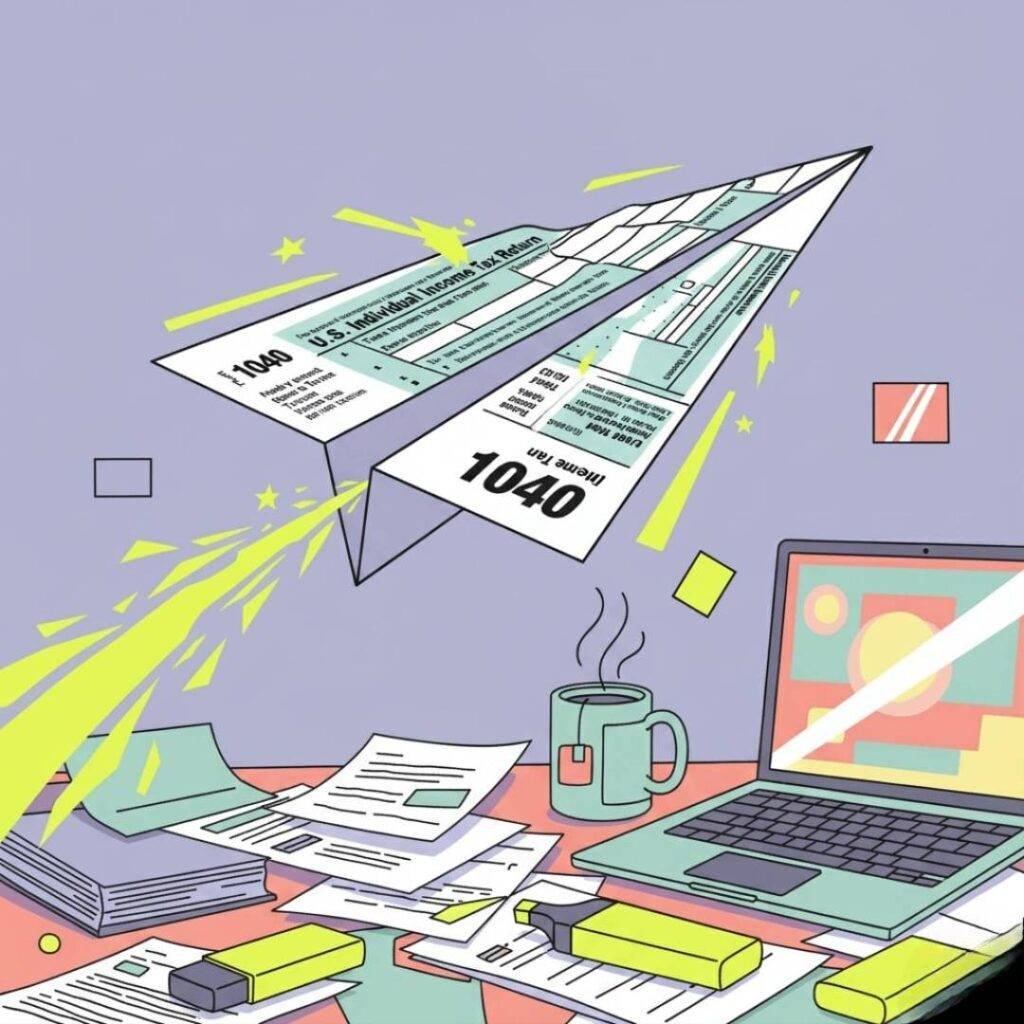 Digital illustration of a tax form as a paper airplane flying over a messy desk.
