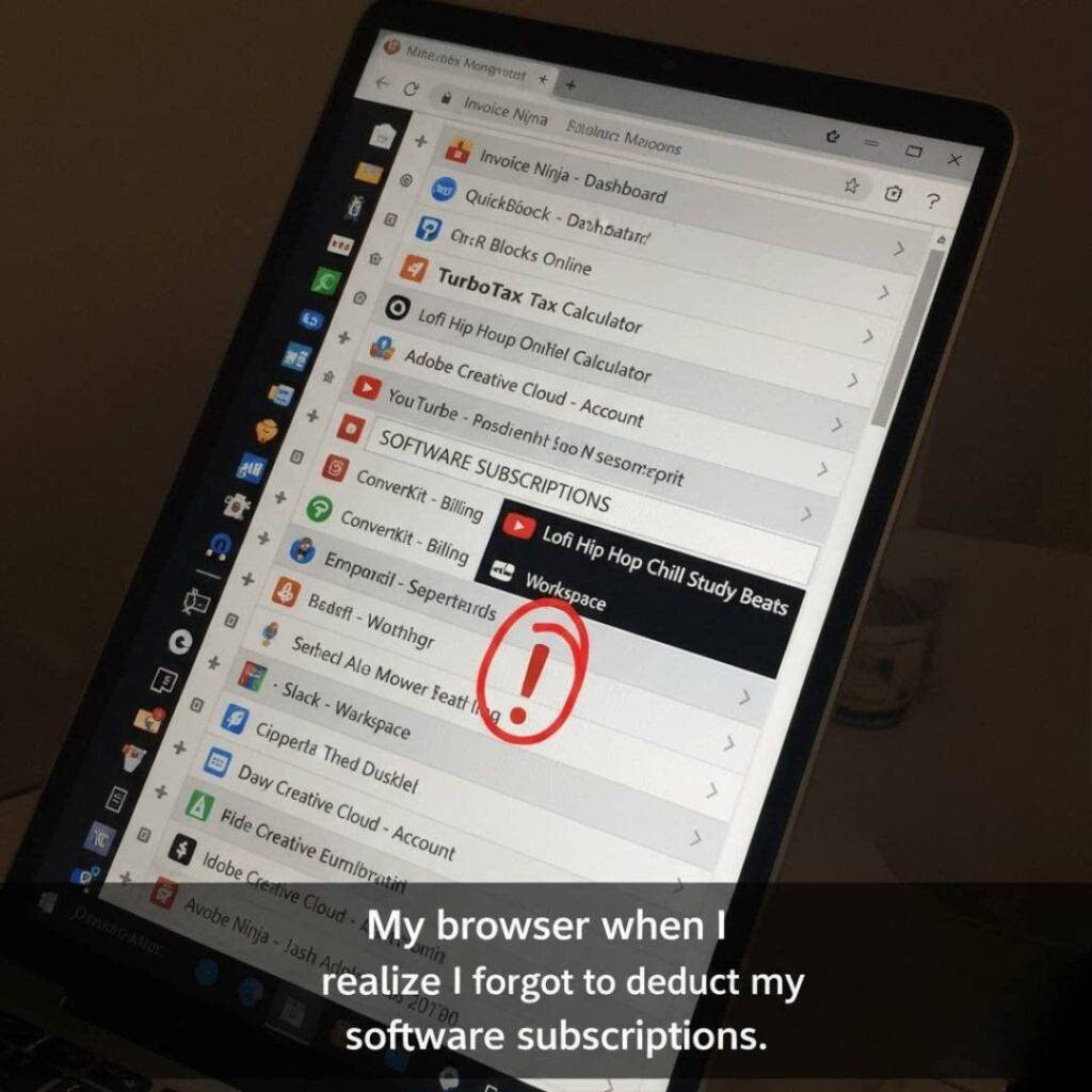 A laptop screen displaying numerous chaotic browser tabs related to invoicing, tax calculators, and YouTube, with one tab highlighted as "SOFTWARE SUBSCRIPTIONS".