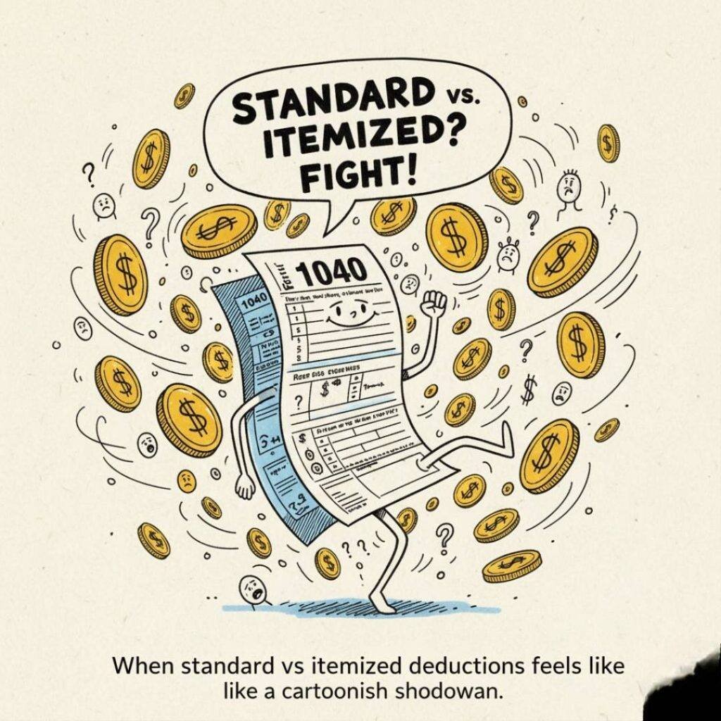 Hand-drawn illustration of an anthropomorphized IRS 1040 form with arms and legs, saying "Standard vs. Itemized? Fight!" surrounded by coins and question marks.