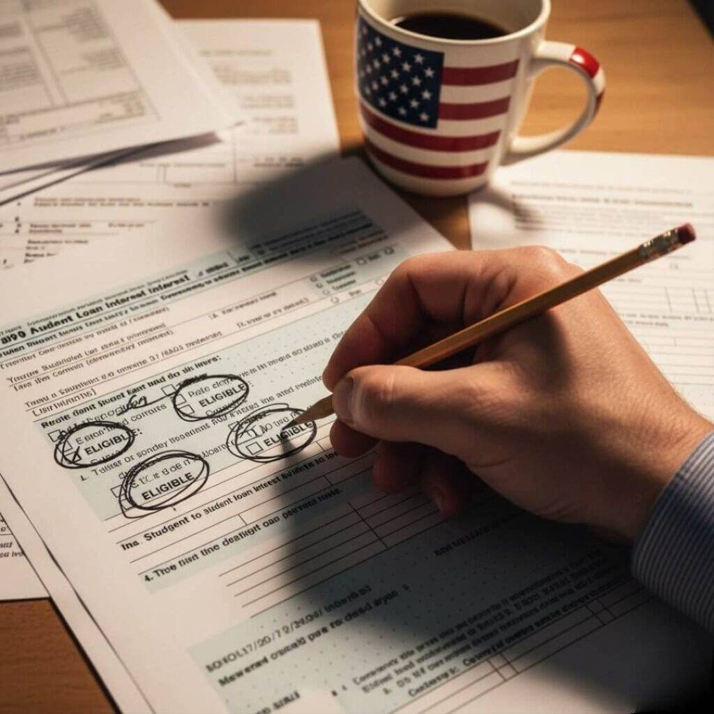 A hand with a pencil circles "Eligible" boxes on a tax form, with a Stars & Stripes mug blurred in the background.