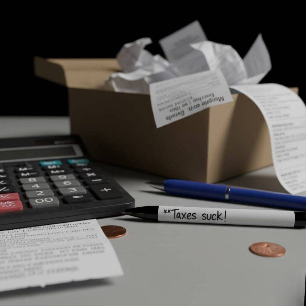 A shoebox labeled "Tax Chaos" overflowing with receipts and coins, with a spilled coffee mug in the background.