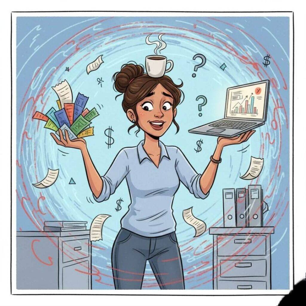 A cartoon illustration of a small business owner juggling receipts, a laptop, and a coffee cup, with dollar signs swirling around.