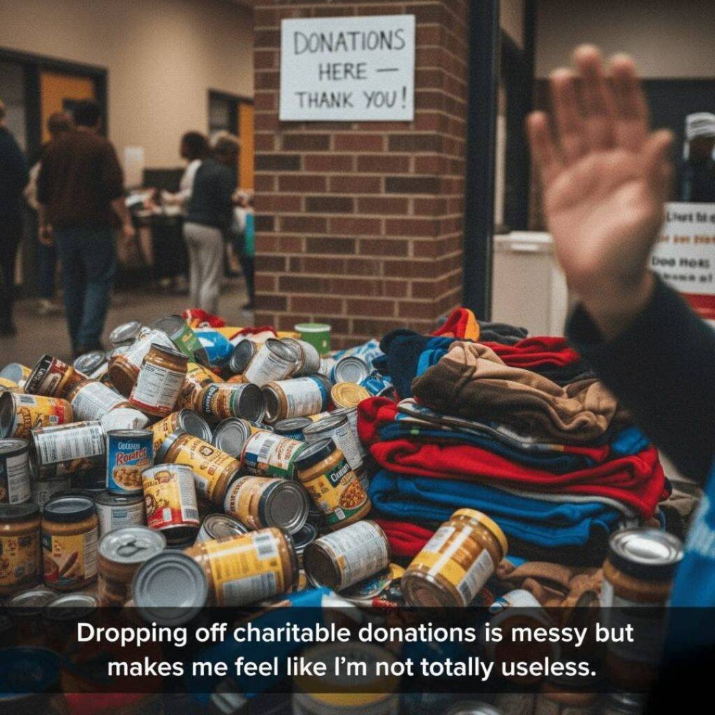 A blurry, grainy photo of a pile of canned goods and blankets at a shelter, with a volunteer's hand waving thanks and the caption "Dropping off charitable donations is messy but makes me feel like I’m not totally useless."