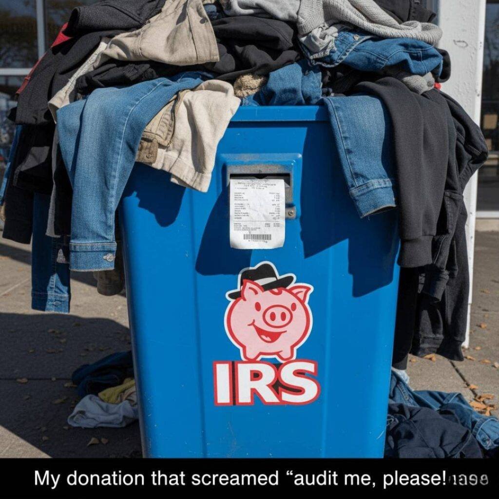 A low-angle, photorealistic shot of an overflowing blue thrift shop donation bin on a sunny day. A large pile of various clothes, including jeans, shirts, and sweaters, is spilling out of the top and sides of the bin onto the concrete sidewalk.