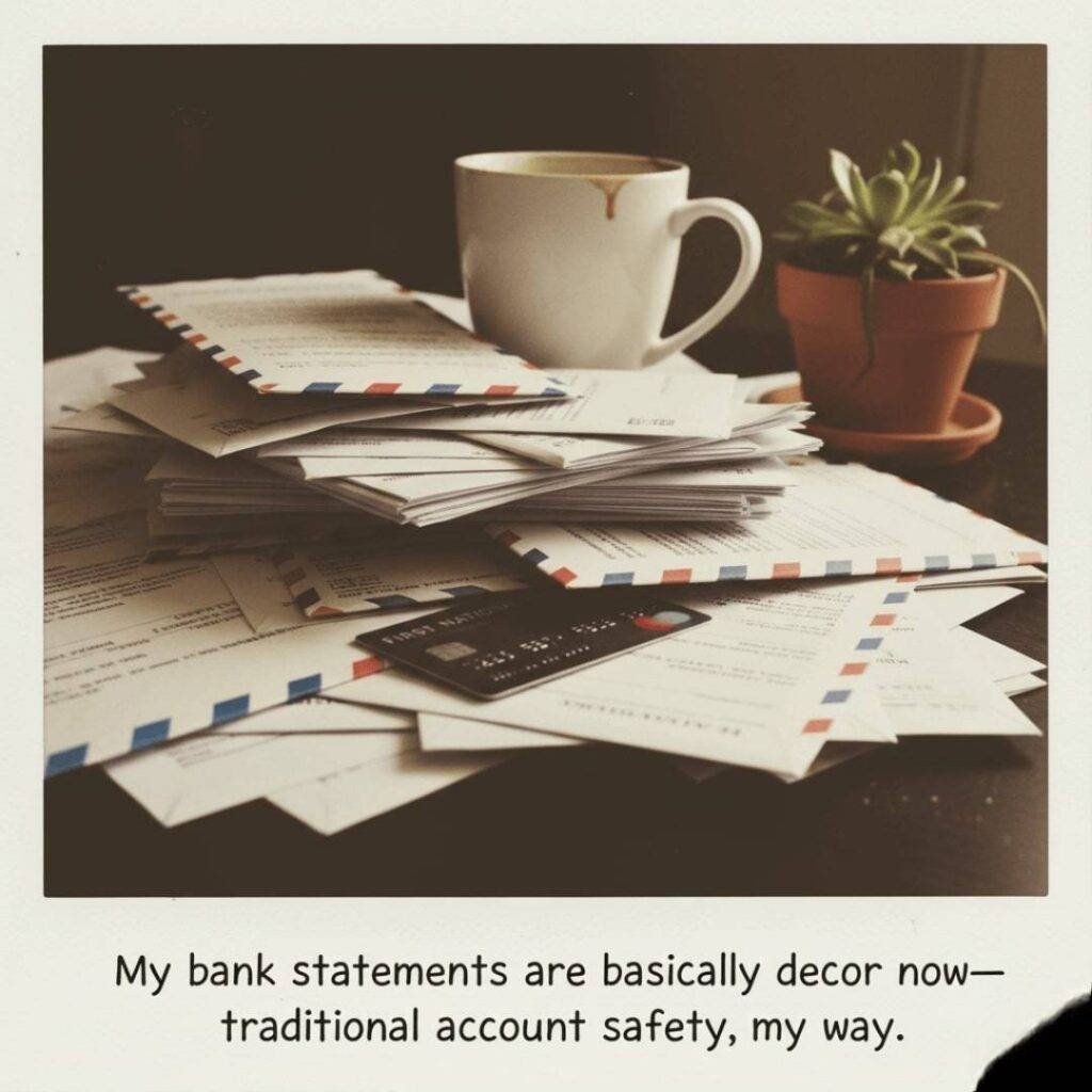 A stack of unopened bank statements on a cluttered desk, with a coffee mug, a small potted plant, and a debit card partially visible, in a vintage Polaroid style.