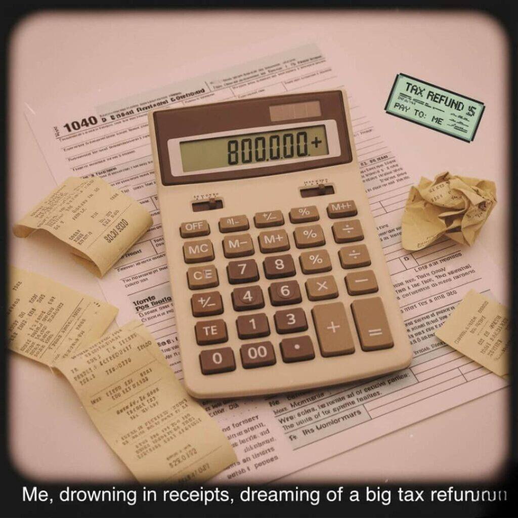 A vintage-inspired image of a retro calculator, crumpled receipts, and a faded IRS form, with a pixelated tax refund check.