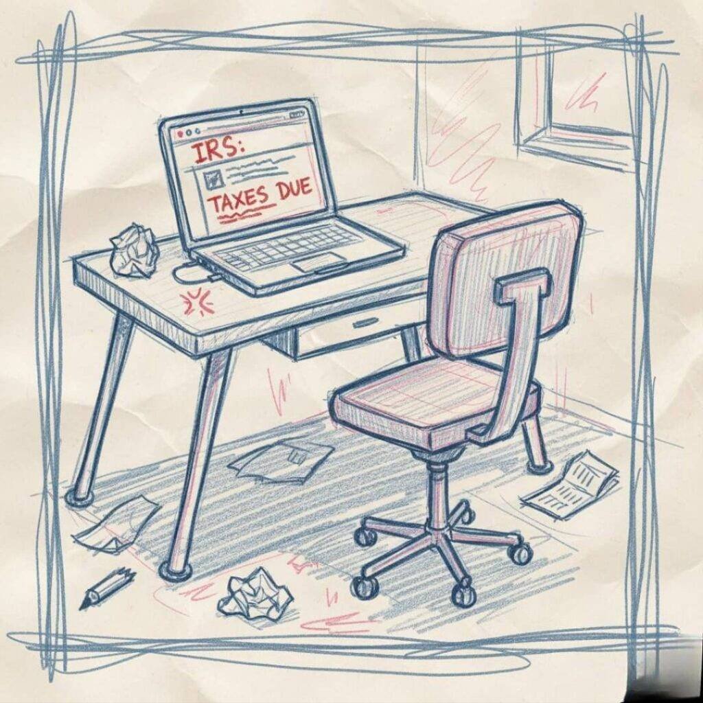 A sloppy doodle of a home office with a wobbly desk, squeaky chair, and a laptop displaying an IRS page with "TAXES DUE."