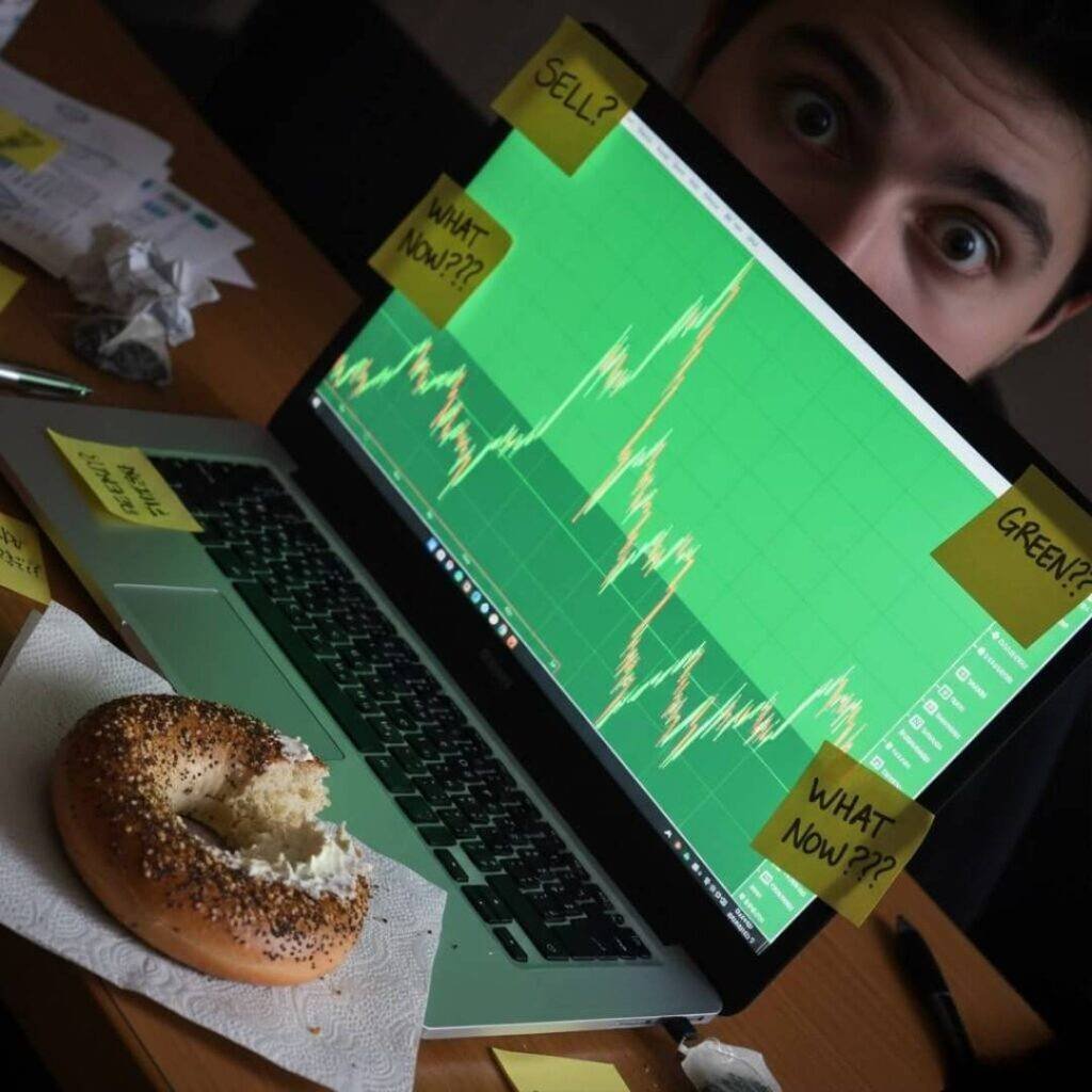 Laptop with Bitcoin price today surge, my scribbled panic notes.