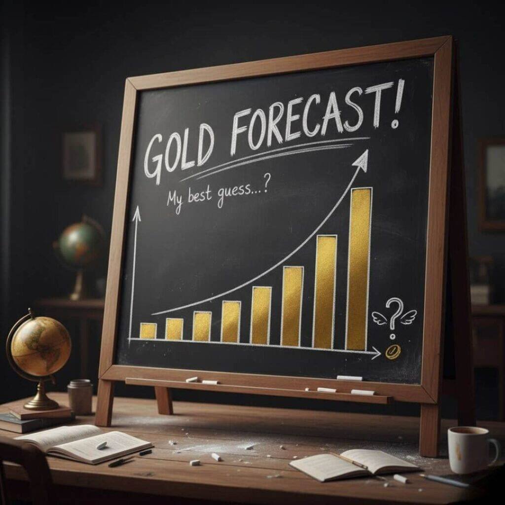 Chalkboard graph showing gold bars spiking upwards, titled "GOLD FORECAST!" with smudged edges.