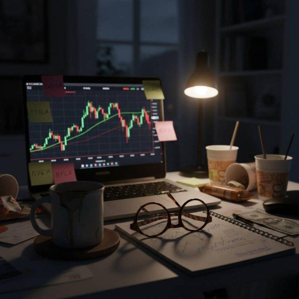 Hazy image of a chaotic desk with a spilled coffee mug, a notebook with crossed-out stock tickers, and a laptop displaying a red candlestick chart.