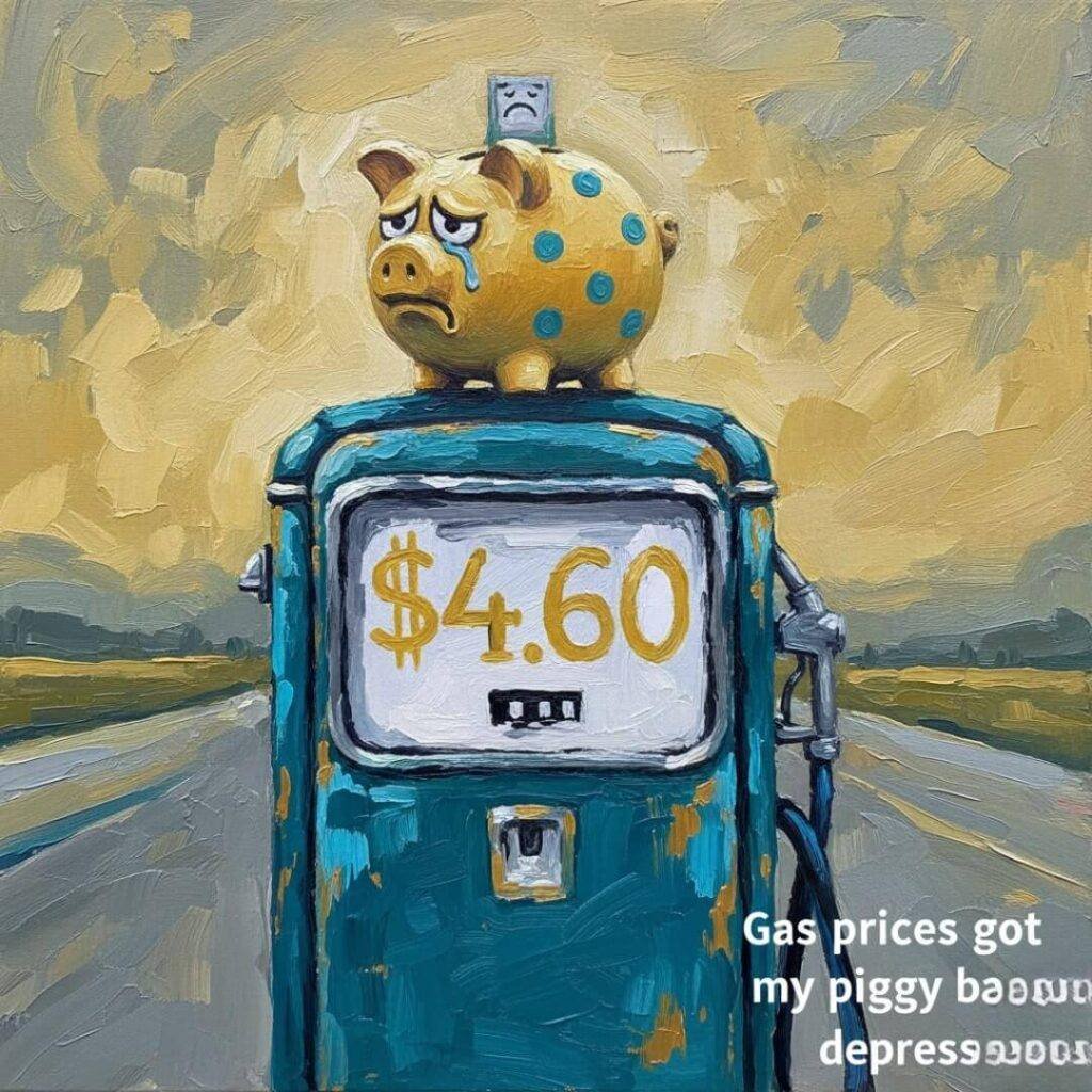 Impressionistic painting of gas pump with sad piggy bank.