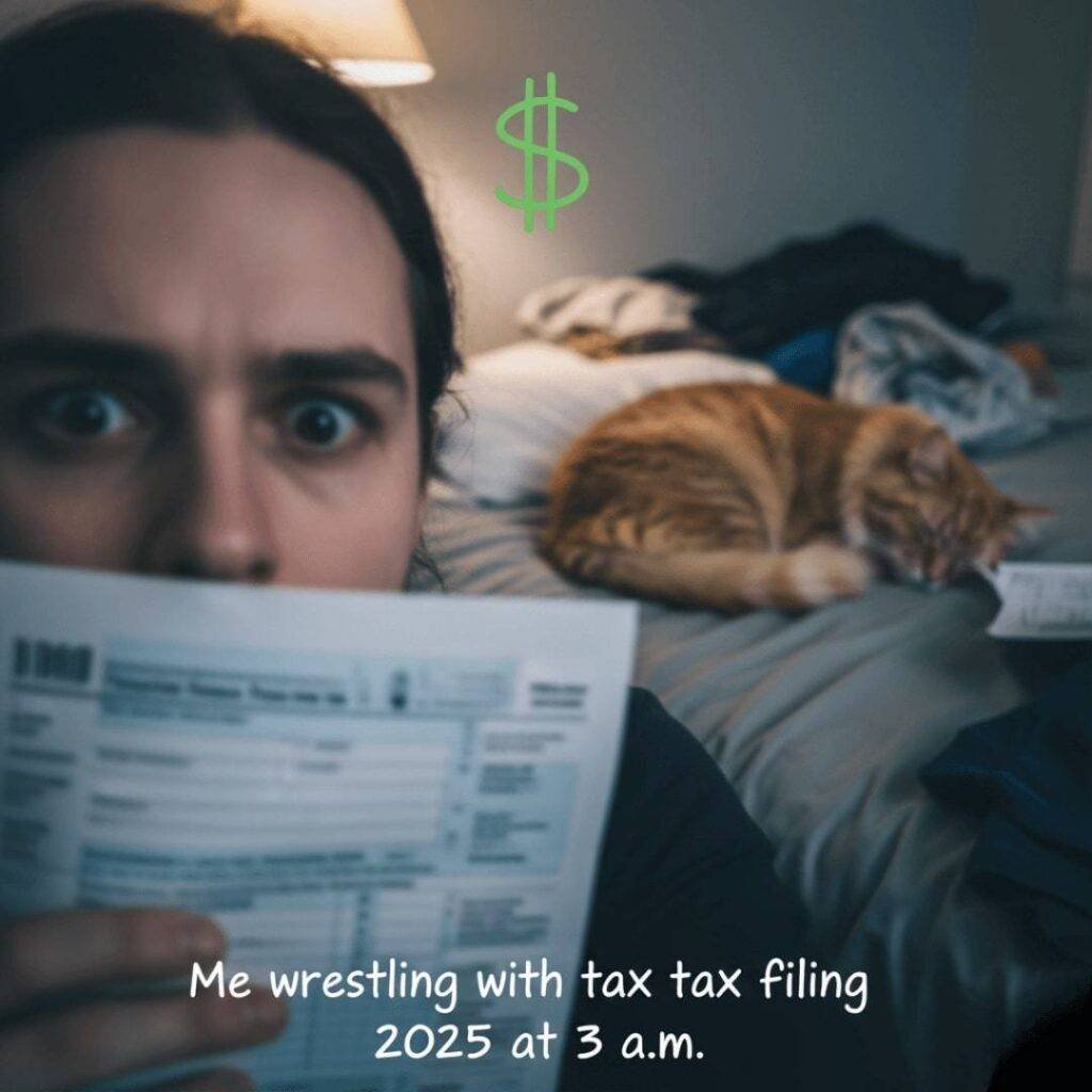 A blurry selfie of a person holding a tax form and looking lost, with a cat sleeping in the background and a dollar sign doodle in the foreground, with the caption: “Me wrestling with tax filing 2025 at 3 a.m.”