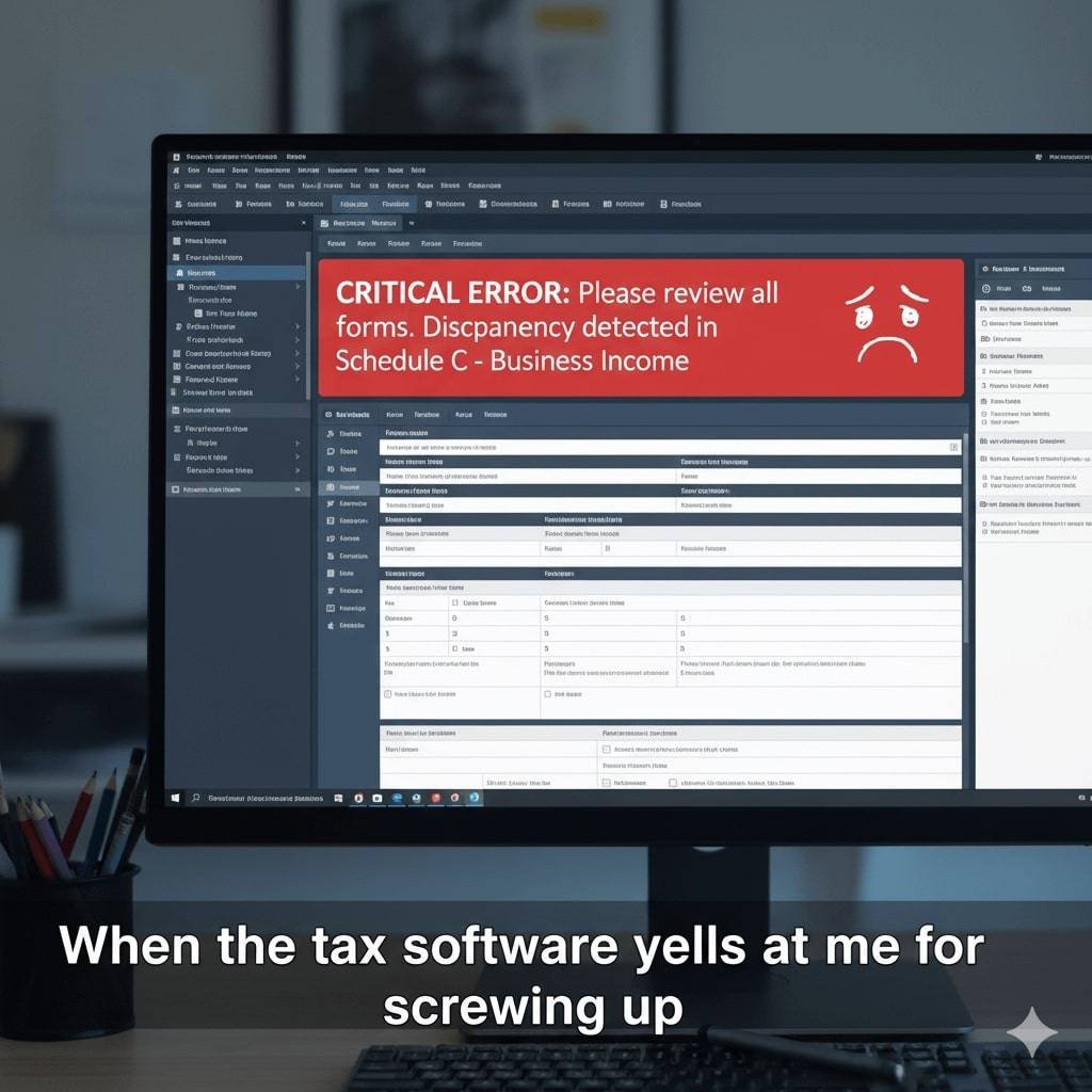 A computer screen showing tax software with a critical error message and a drawn frowny face.