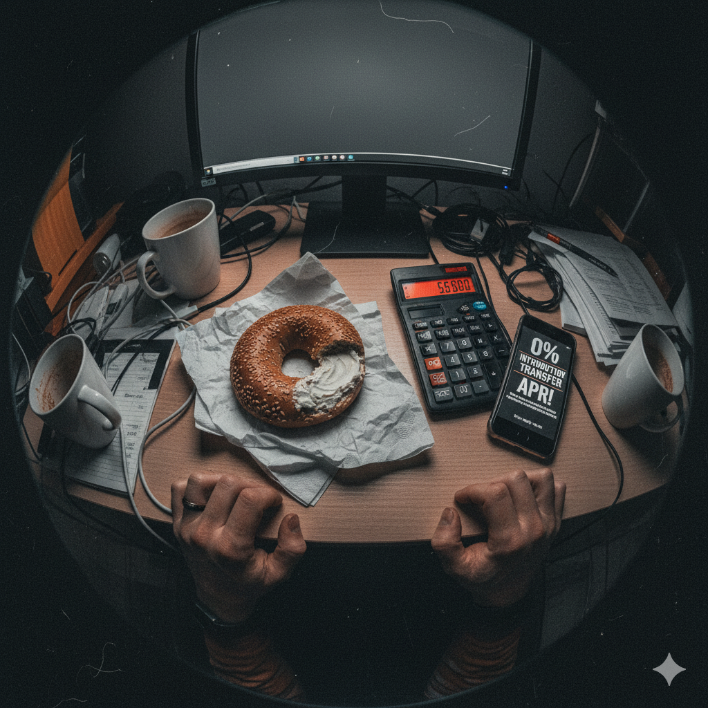 A fisheye-lens shot of a messy desk with a half-eaten bagel, a calculator, and a phone displaying a balance transfer offer.
