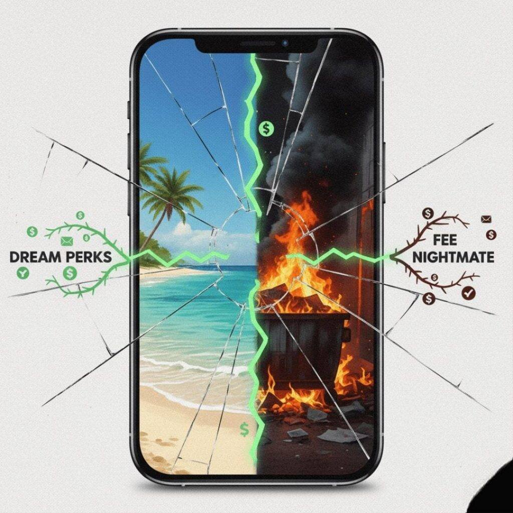 "Dream vs. reality split of high-yield savings joys and banking blunders, impressionistic filter."