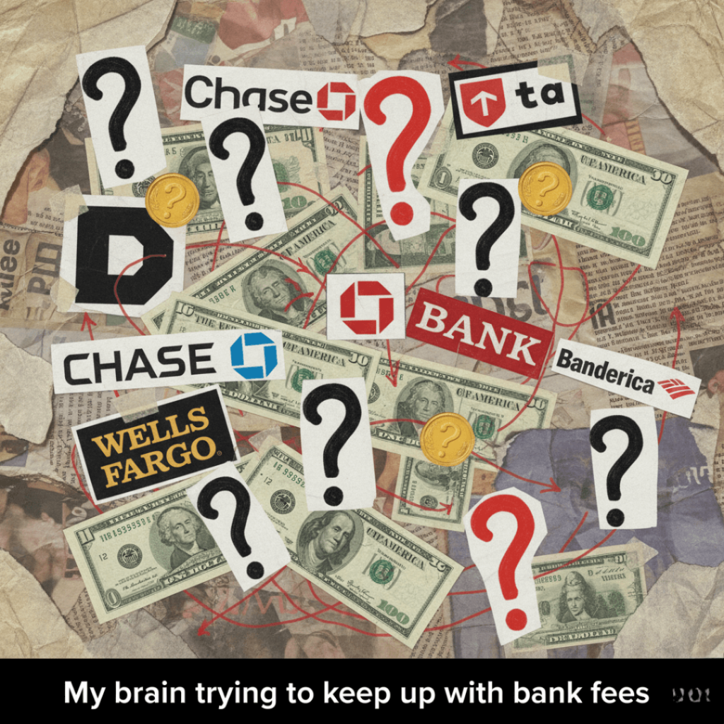 A scrapbook collage with various bank logos, dollar bills, and question marks, symbolizing confusion about bank fees.