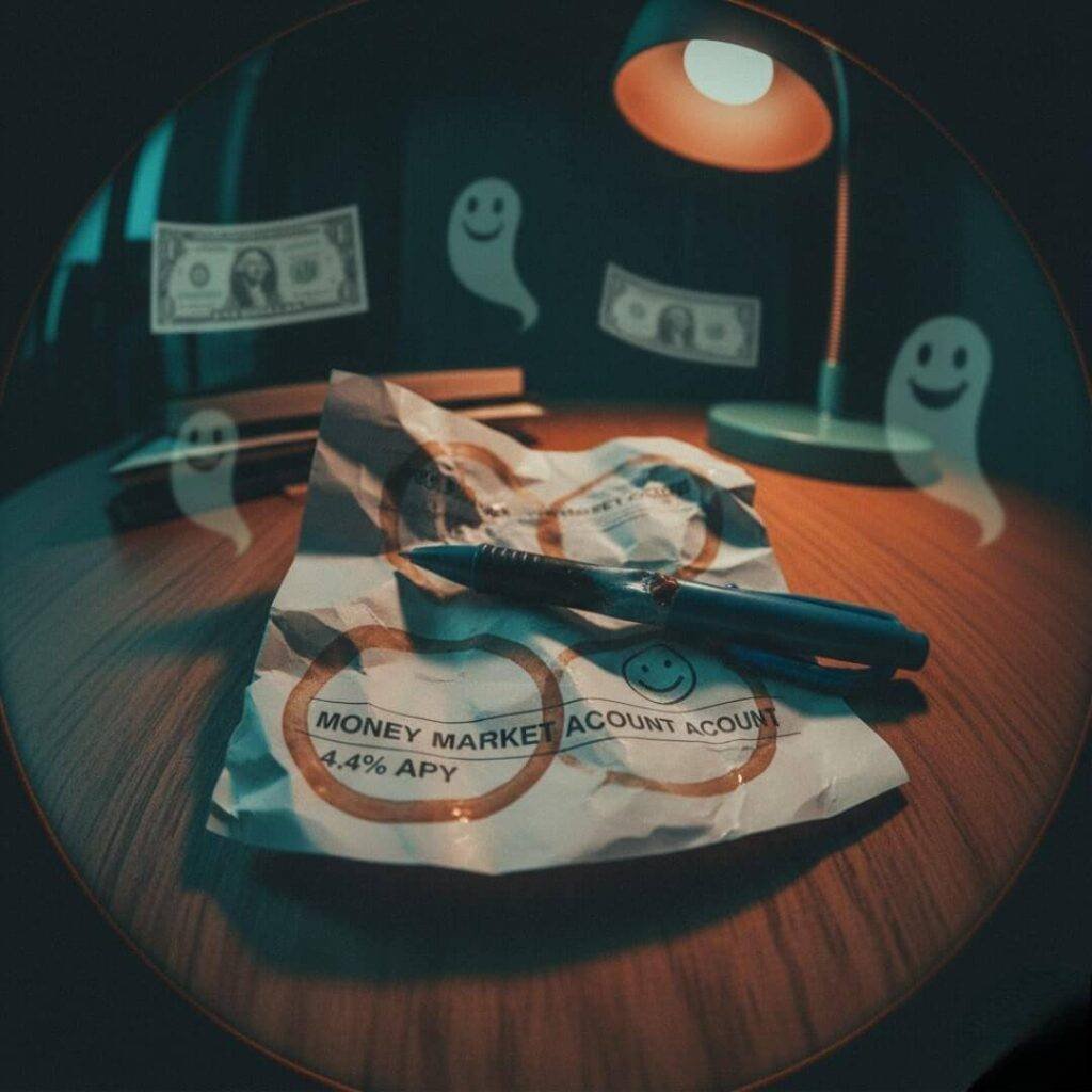 Here's that close-up, fish-eye lens image of a crumpled money market statement, complete with coffee rings, chewed pen, and subtle dollar bill ghosts in the background.