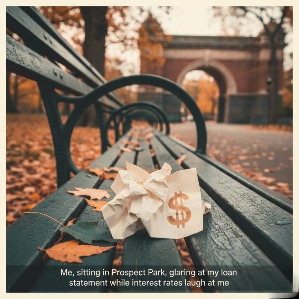 A vintage-inspired photo of a crumpled loan statement with a dollar sign coffee stain on a weathered Brooklyn park bench. Autumn leaves in burnt orange and teal are scattered around, with the Prospect Park arch visible in the blurred background.