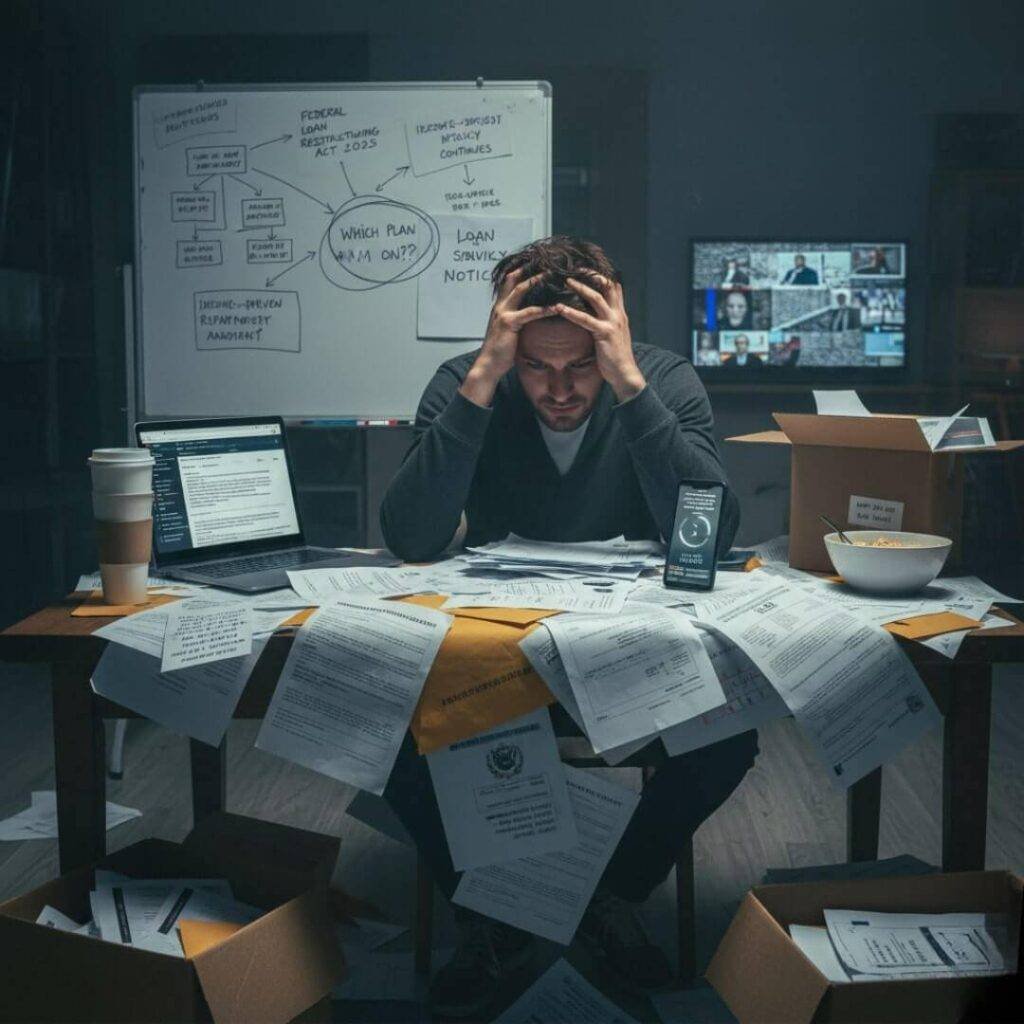 A frustrated person sits at a cluttered desk overflowing with loan documents, holding their head in their hands, with a whiteboard displaying confusing policy flowcharts and a TV showing a video call in the background.