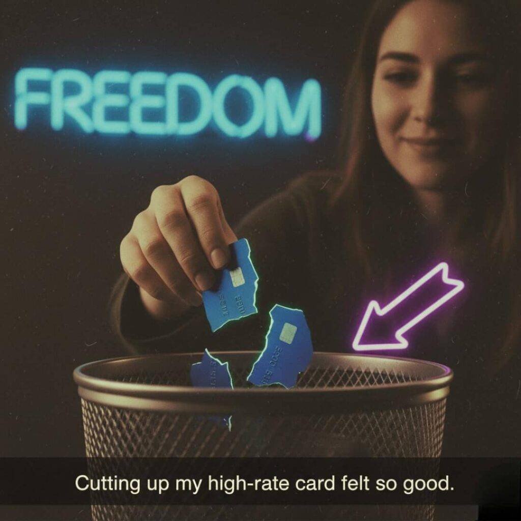 A vintage-inspired image with a sepia undertone shows a person tossing pieces of a cut-up credit card into a trash can. Behind them, neon signs read "FREEDOM" and a neon arrow points to the trash. The person has a cautiously optimistic expression. The caption states: "Cutting up my high-rate card felt so good."