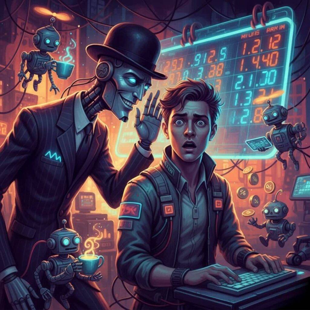 A vintage cyberpunk digital painting of a robot banker whispering forecasts to a shocked person, with a neon calendar and quirky robots in the background.