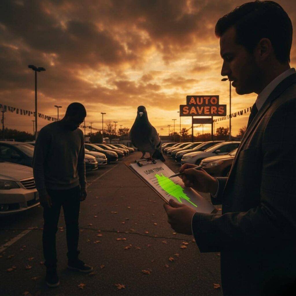 Chaotic car lot at sunset, with a silhouette of a person awkwardly standing in front of a salesman pointing at loan terms on a clipboard with a pigeon perched on it.