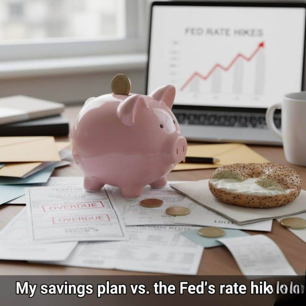 A piggy bank on a cluttered desk, surrounded by unpaid bills and a half-eaten bagel.