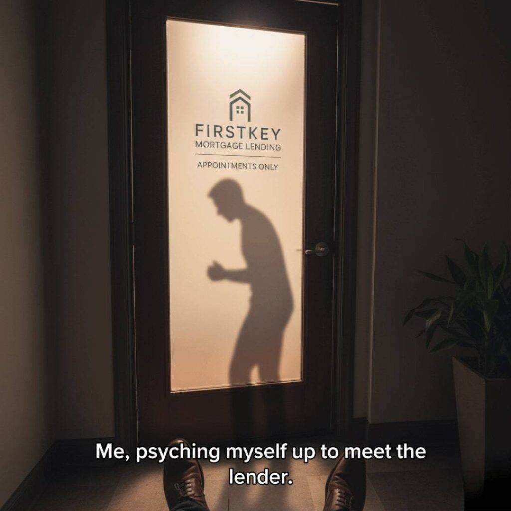 A frosted glass office door with "FIRSTKEY MORTGAGE LENDING" written on it, showing a person's nervous shadow from behind, with text "Me, psyching myself up to meet the lender."